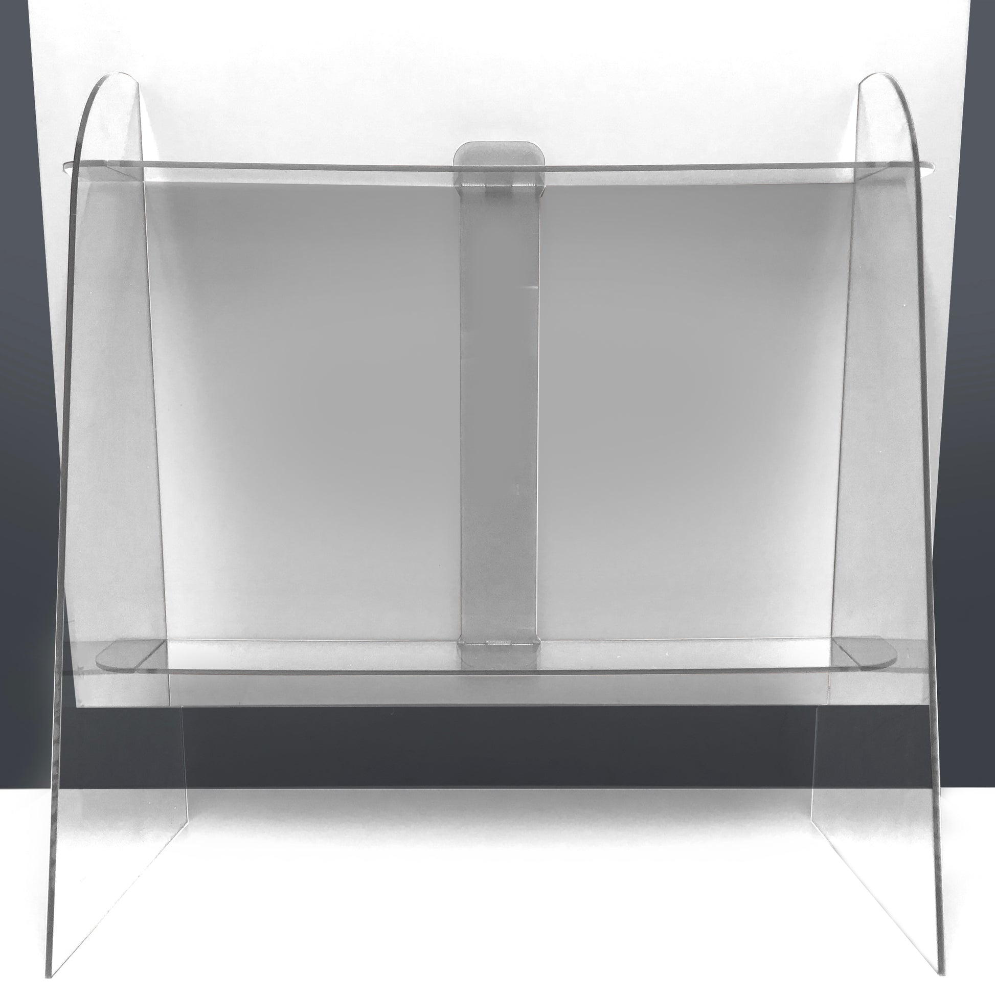A stand that enables a message or sign board to stand upright without being fixed to a wall. The picture shows it is constructed from clear acrylic and is easily assembled from 5 parts.