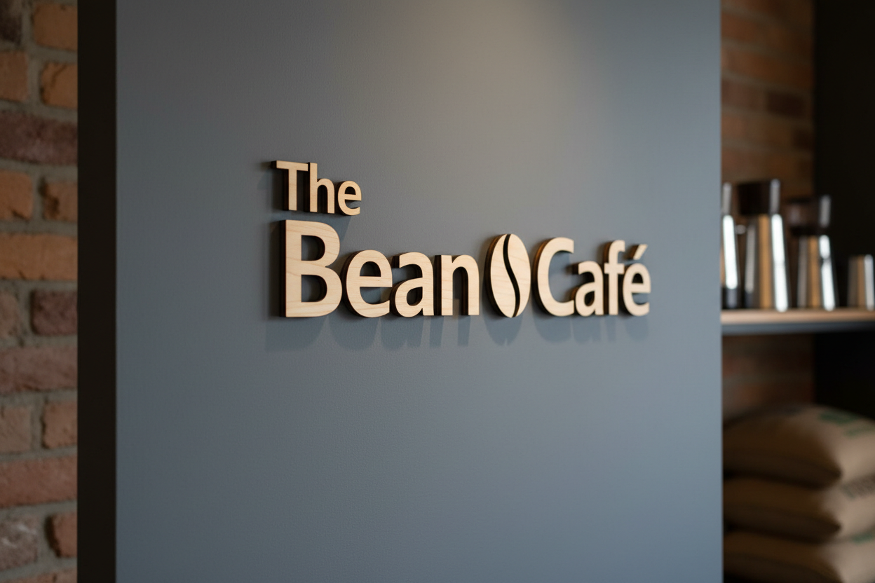 Logo for a modern cafe named The Bean Café is laser-cut from 3mm thick wood and affixed to a modern grey wall with adhesive so it does not appear to be floating. It is obviously a coffee house wall, but the sign is the main focus of the image.