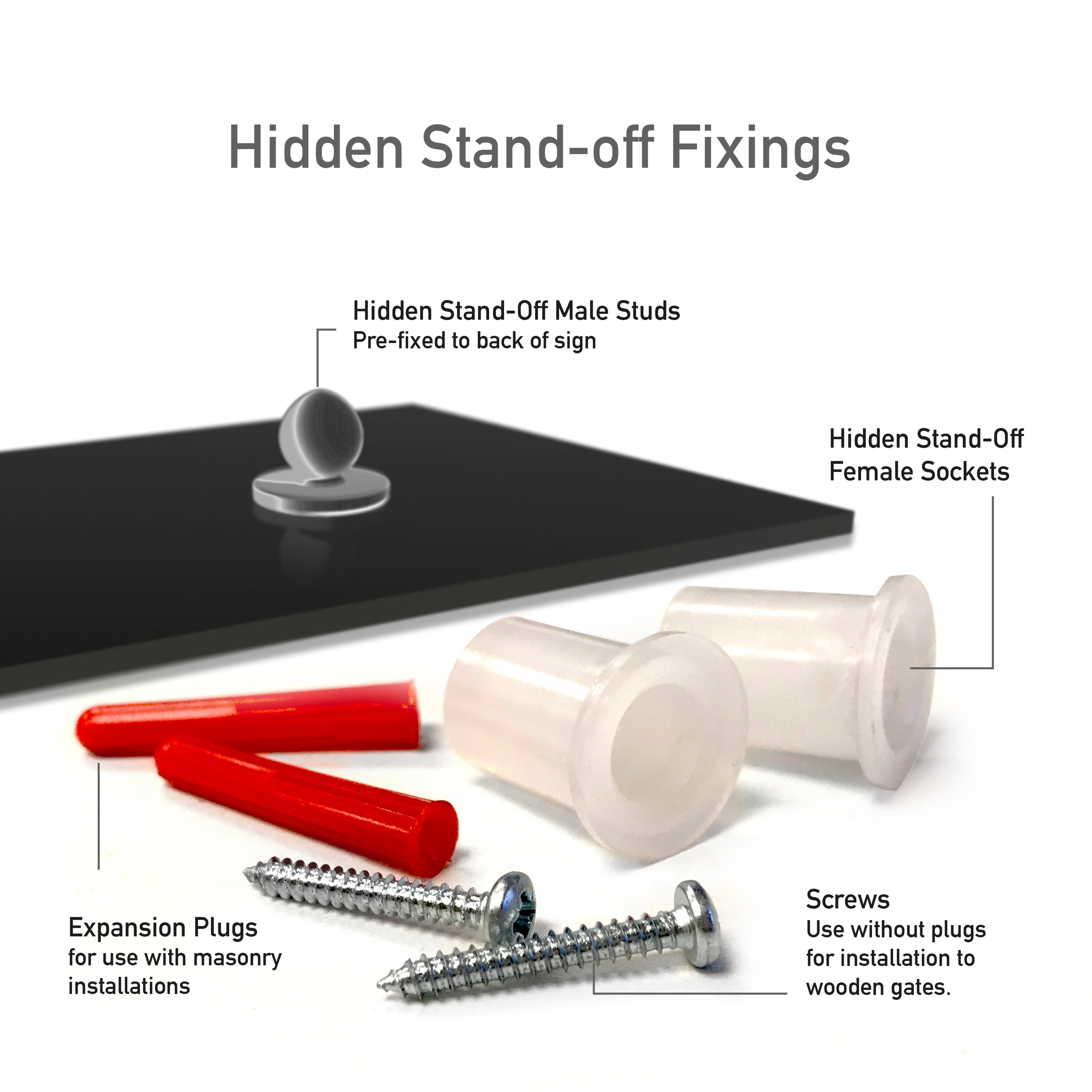 Components for hidden stand-off fixings (snapfix locators), that are to be used for sign installation.