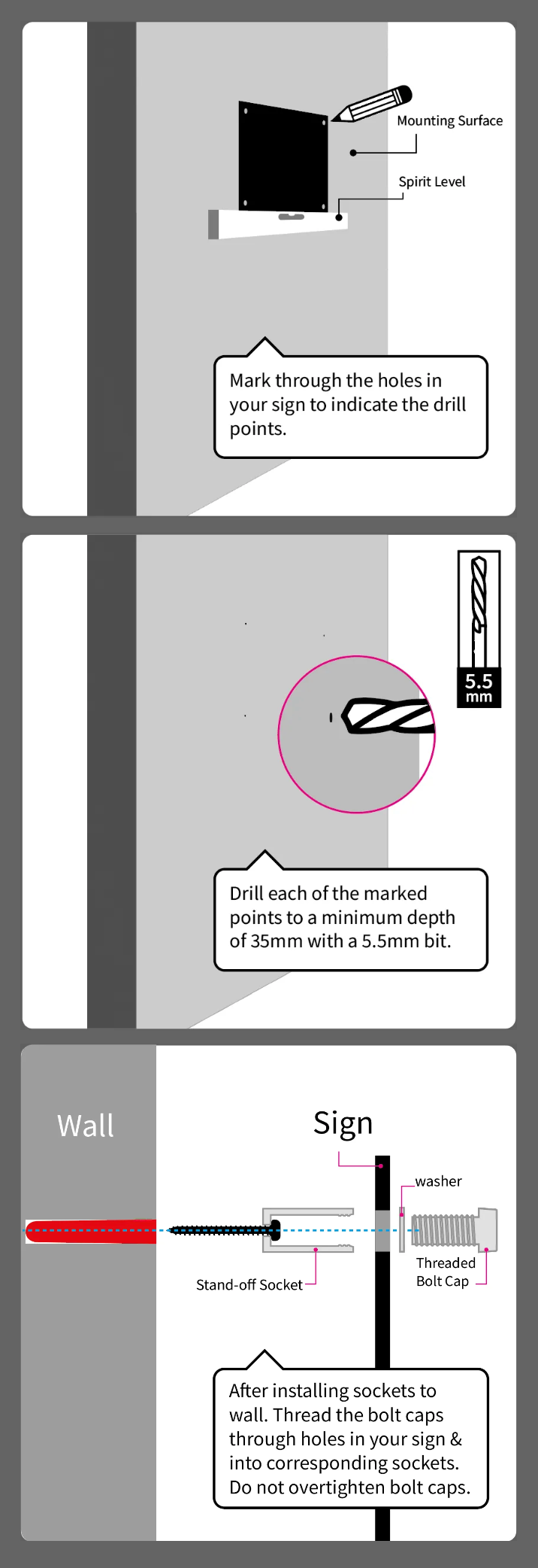 A step by step diagram of how to install signs using visible stand-off fixings. It covers aligning, marking, drilling and affixing the sign to a masonry wall.