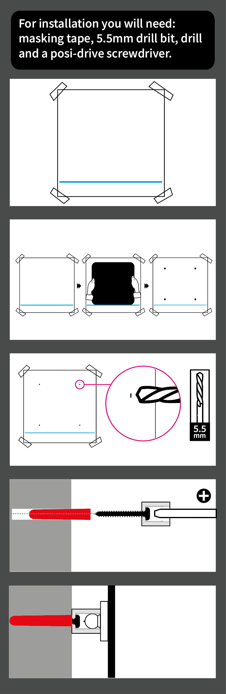 Instructional diagrams for installing a sign with hidden stand-off fixings (snapfix locators)