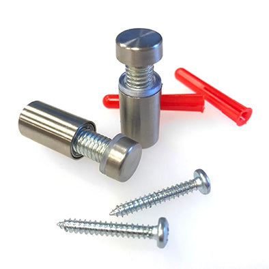Stainless-Steel Stand-Off fixings for installing a wall-mounted sign. The image depicts component pieces including screws and expansion plugs.