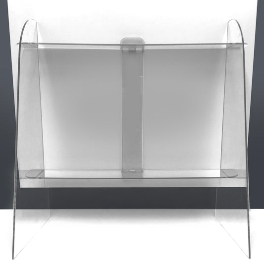 A stand that enables a message or sign board to stand upright without being fixed to a wall. The picture shows it is constructed from clear acrylic and is easily assembled from 5 parts.