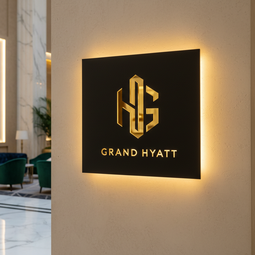 A 100cm x 100cm sign affixed to a wall in a room that is obviously a hotel foyer. The sign is crafted from a 3mm thick matt black acrylic, a logo is laser cut from the black material. The matt black acrylic is sandwiched to the front of a highly reflective gold coloured mirror, so that the logo shows through as gold.