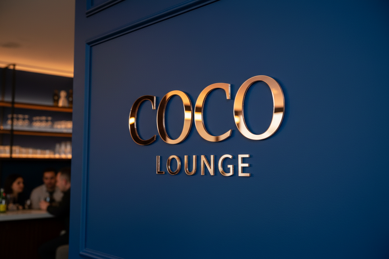A logo for a modern bar named Coco Lounge is laser cut from 3mm highly reflective rose gold colour mirrored acrylic and is shown affixed to bar wall. It is a deep rich blue coloured modern bar wall but the logo sign is main focus of the image. The sign is attached with adhesive, so the sign does not appear to float away from the wall.