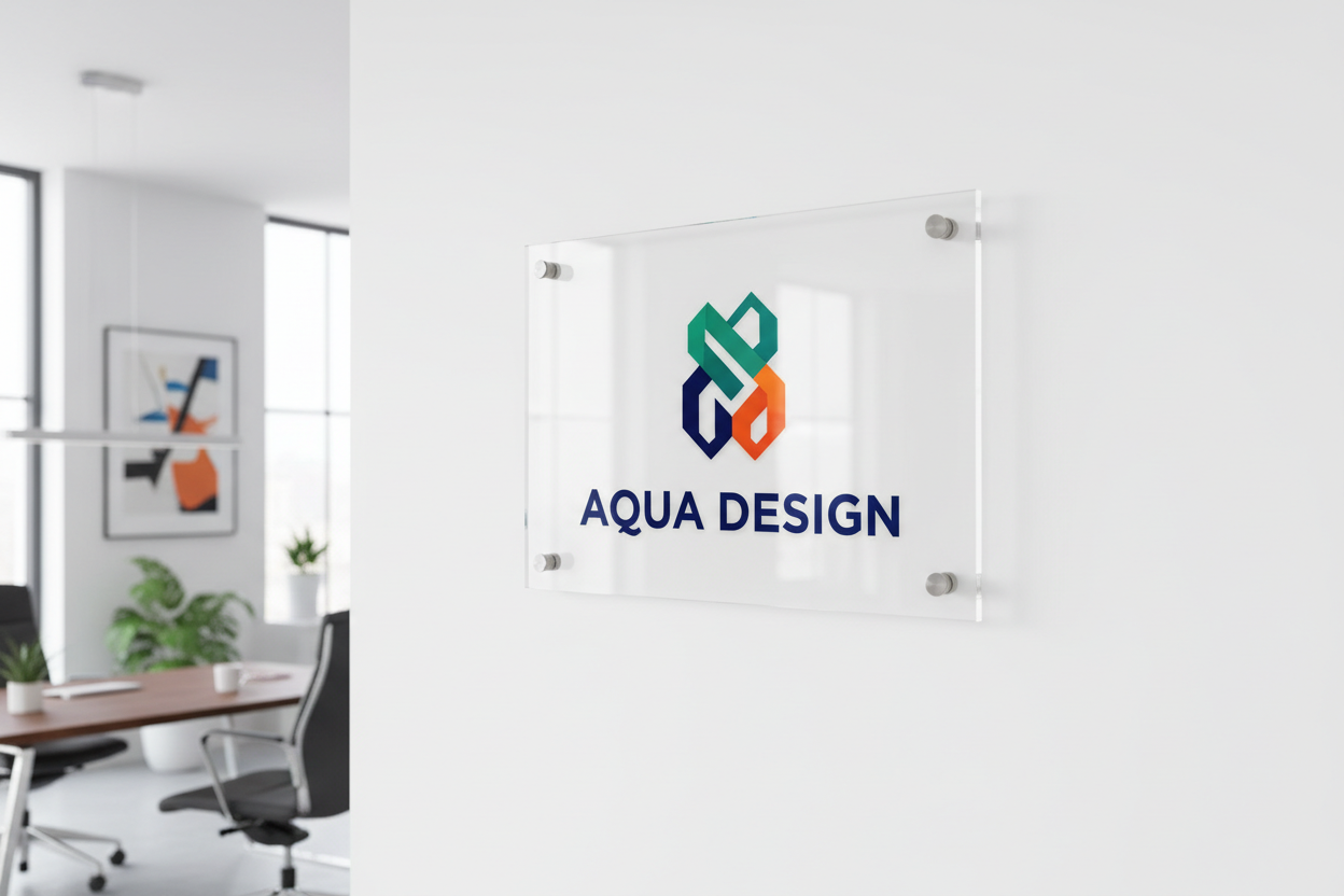 Clear acrylic rectangle plaque. The plaque has a full colour logo printed onto the reverse. The plaque is affixed to an office wall with stainless steel stand-offs