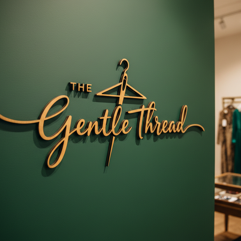 Logo for vintage clothing retailer is laser-cut from 3mm thick oak veneered wood. It is affixed to a forest green wall with adhesive so it does not appear to be floating. It is obviously a shop, but the sign is the main focus of the image.