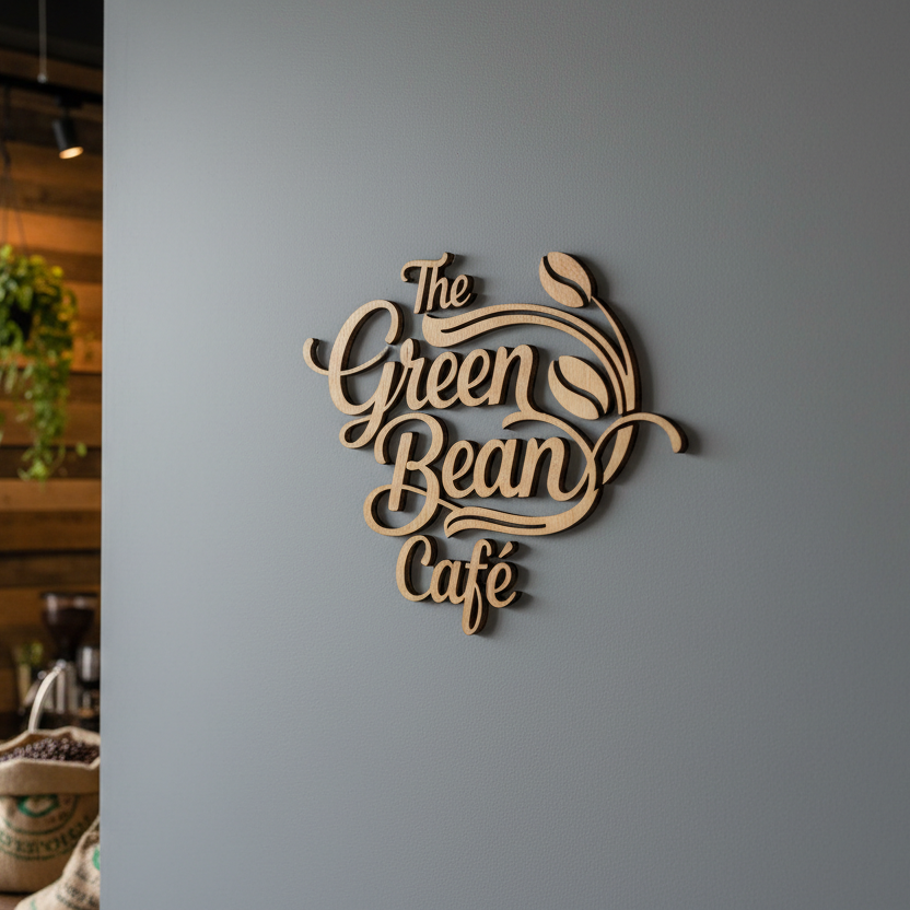 Logo with a pictorial representation of a coffe bean for a modern cafe named 'The Green Bean Café' is laser-cut from 3mm thick wood. It is affixed to a modern grey wall with adhesive so it does not appear to be floating. It is obviously a coffee house wall, but the sign is the main focus of the image.